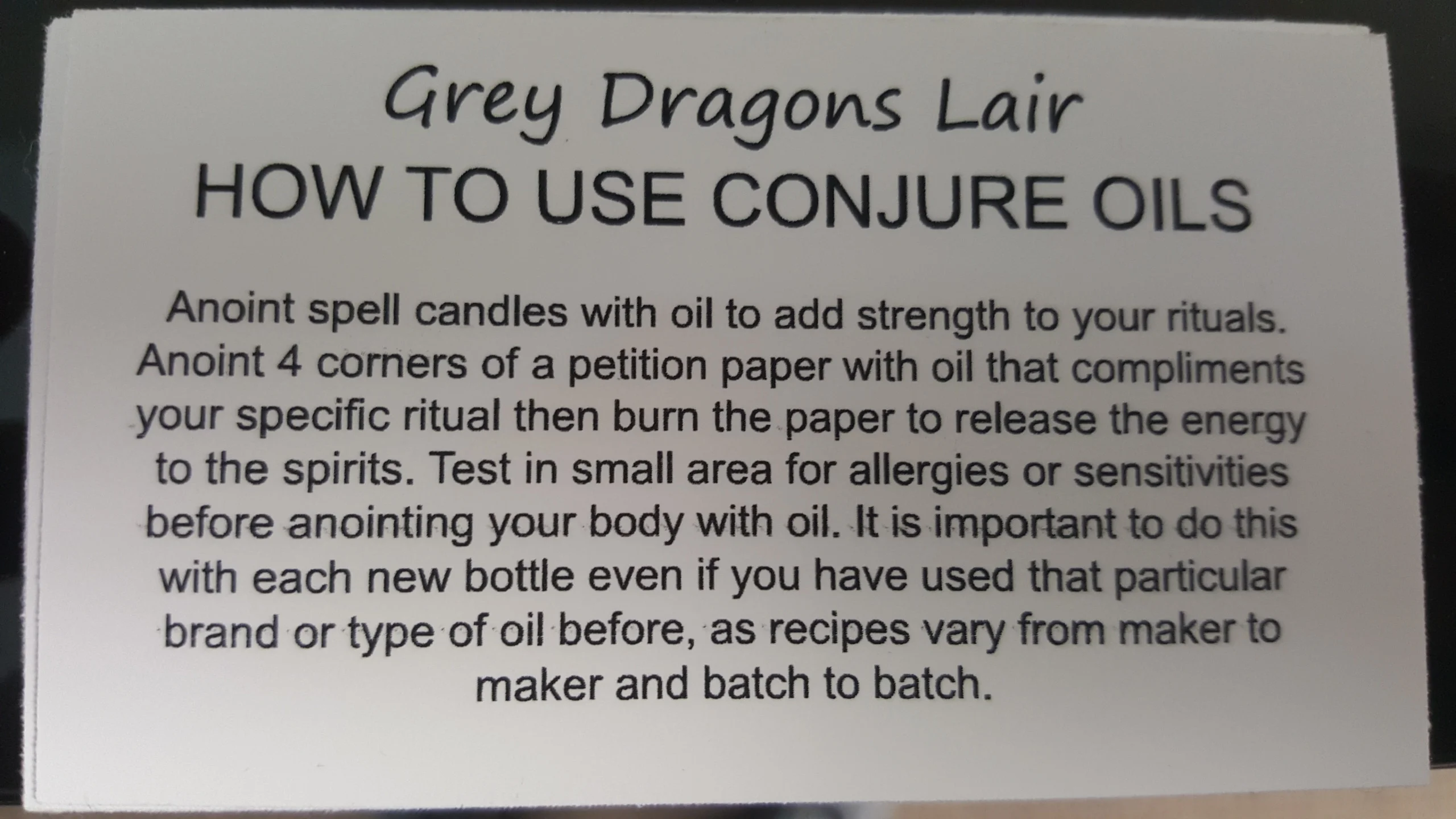 Conjure Oils How-to card