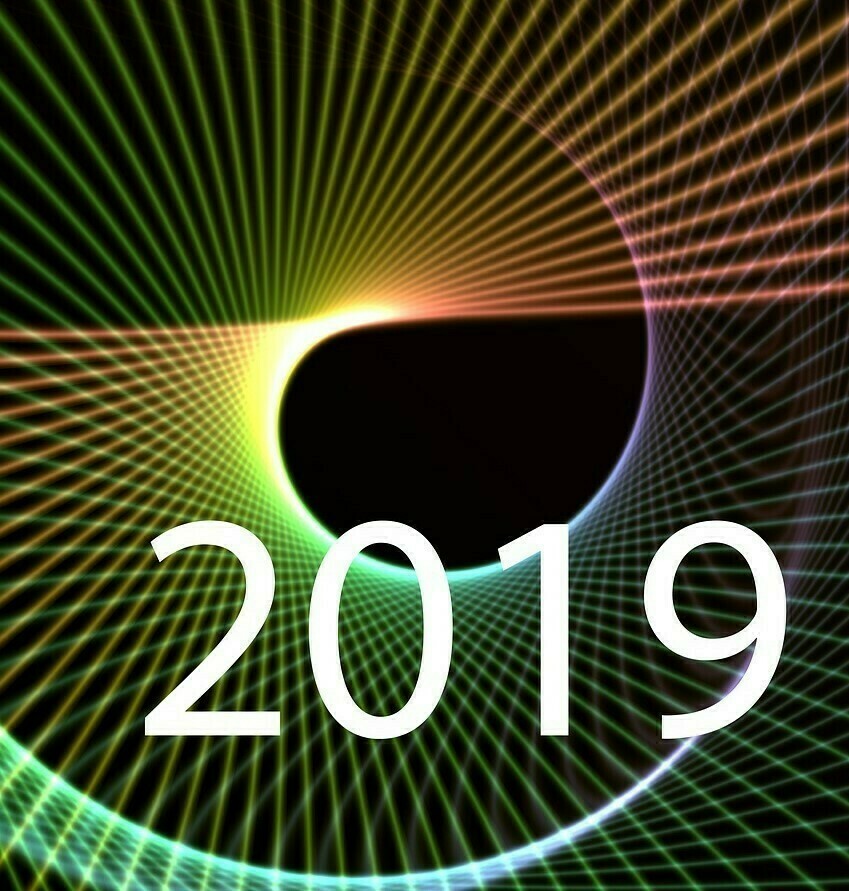 2019 graphic with a multi color lines on a black background that create a swirl effect