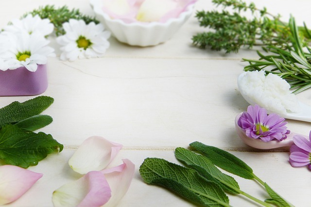 Mint, Rosemary, rose petals, flowers, and other herbs in a circle