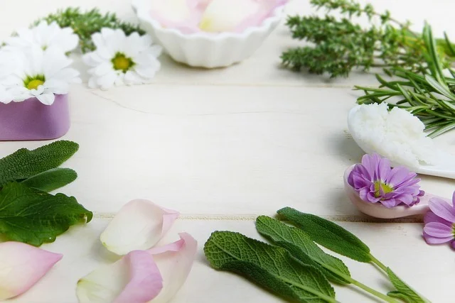 Mint, Rosemary, rose petals, flowers, and other herbs in a circle